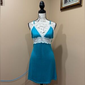 Ekouaer Teal Lace Trim Chemise Nightgown Slip Dress Size M